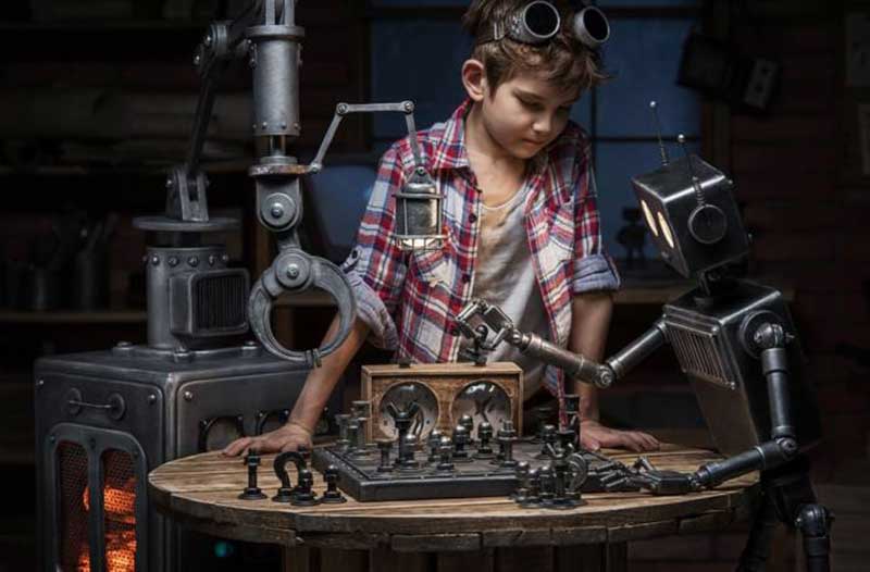 Jongen kijkt naar een schaak-spelende robot in een werkplaats